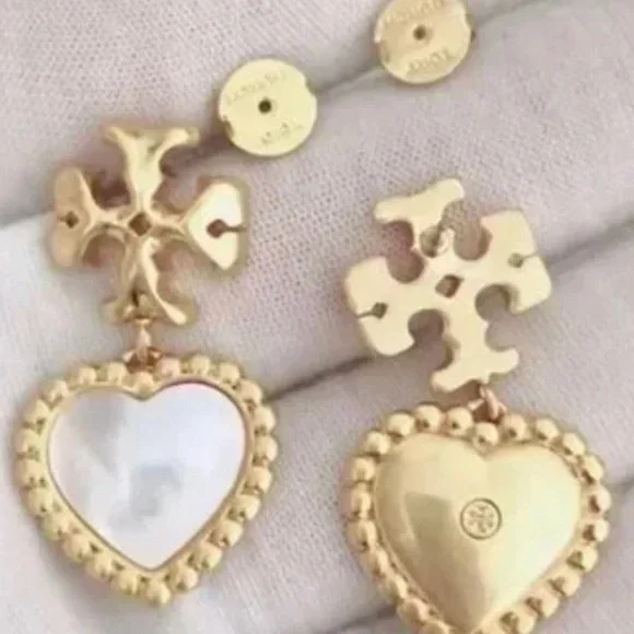 Tory Burch Gold Heart Drop Earrings with White Inlay - Picture 3 of 7